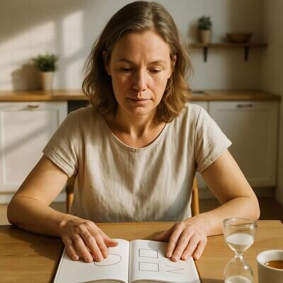 Eine Person plant ruhig und &uuml;bersichtlich private Quartalsziele in einem Notizbuch.