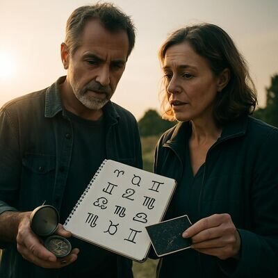 Zwei Personen betrachten gemeinsam eine astrologische Symbolgrafik und sprechen ruhig dar&uuml;ber.