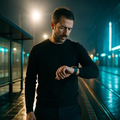 Ein Mann bemerkt eine wiederkehrende Zahlenfolge auf einer Uhr im urbanen Umfeld und wirkt nachdenklich, aber gefasst.