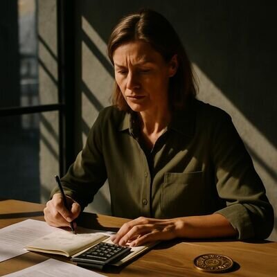 Eine Person betrachtet ruhig Notizen und Kontoauszug, Sinnbild f&uuml;r bewusstes Geldverhalten und Sicherheit.