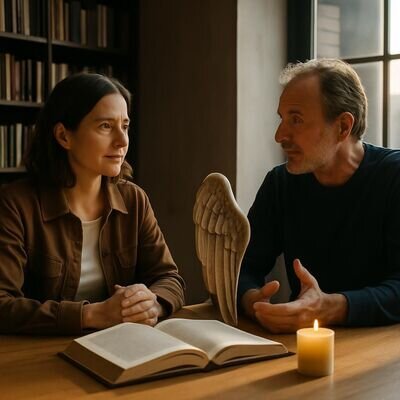 Zwei Menschen im Gespraech, sanfte Symbolik zu Schutz und Botschaft.