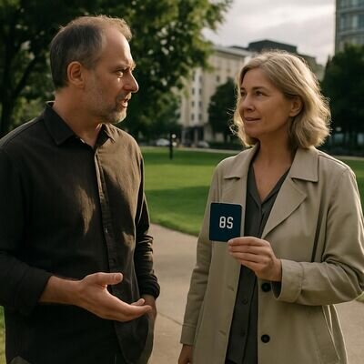 Zwei Menschen sprechen respektvoll miteinander und &uuml;ben klare, ruhige Kommunikation.