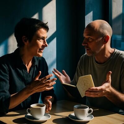 Zwei Menschen sitzen in einem hellen Caf&eacute; und sprechen aufmerksam miteinander, ein kleines Sternkreis-Notizbuch liegt auf dem Tisch.