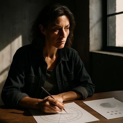 Eine Person betrachtet konzentriert eine astrologische Chart-Notiz und wirkt ruhig und reflektiert.