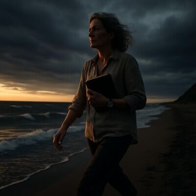 Eine Person geht am Meer entlang, h&auml;lt ein Notizbuch &ndash; sinnbildlich f&uuml;r Geduld, Entwicklung und innere Marker.