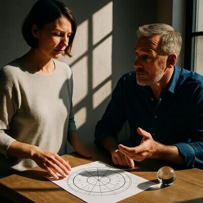 Zwei Menschen betrachten gemeinsam ein Horoskoprad und deuten es ruhig und reflektiert.