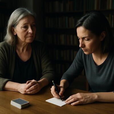 Eine Person notiert eine klare Frage, w&auml;hrend die Beraterin aufmerksam zuh&ouml;rt; Symbol f&uuml;r Struktur und passende Sitzungsdauer.