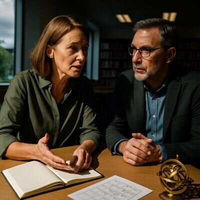 Zwei Menschen besprechen freundlich eine neue berufliche M&ouml;glichkeit, mit astrologischem Bezug im Hintergrund.