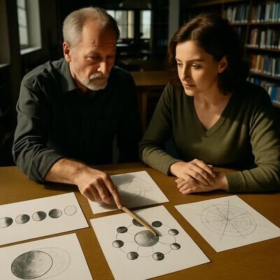 Zwei Menschen diskutieren ruhig &uuml;ber eine Zeichnung von Mondphasen und Aspektlinien auf Papier.