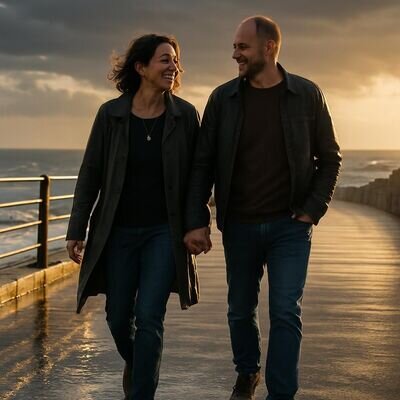 Ein Paar geht bei k&uuml;hlem Licht drau&szlig;en, h&auml;lt sanft H&auml;ndchen und wirkt wieder verbunden.