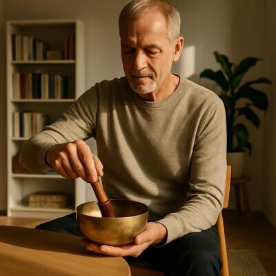 Eine Person nutzt eine Klangschale in einem freundlichen Raum, um die Atmosph&auml;re achtsam zu kl&auml;ren.