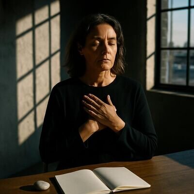 Eine Person h&auml;lt inne und sp&uuml;rt in den K&ouml;rper, als w&uuml;rde sie eine subtile Verbindung aus der Ferne wahrnehmen.