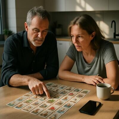 Zwei Menschen besprechen eine Lenormand-Legung in einer hellen K&uuml;che.