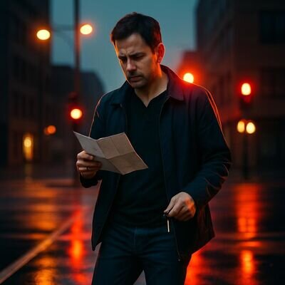 Eine Person steht an einer Stra&szlig;enkreuzung in der Stadt, schaut auf eine kleine Papierkarte und wirkt entschlossen.