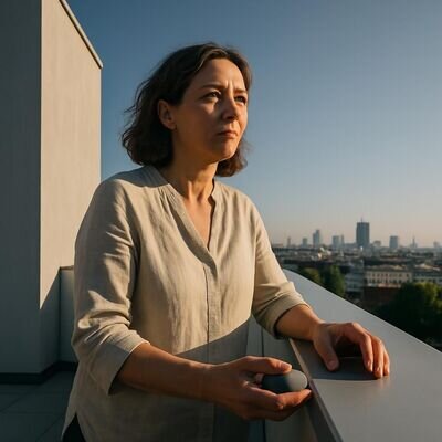 Eine Person findet trotz urbaner Umgebung einen stillen Moment zum Durchatmen.