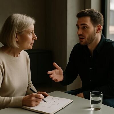 Ein Coach-Setting mit Notizbuch und klarer Gespr&auml;chsatmosph&auml;re, fokussiert und bodenst&auml;ndig.