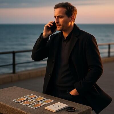 Eine Person f&uuml;hrt eine Live-Legung per Telefon durch, Karten liegen geordnet daneben.