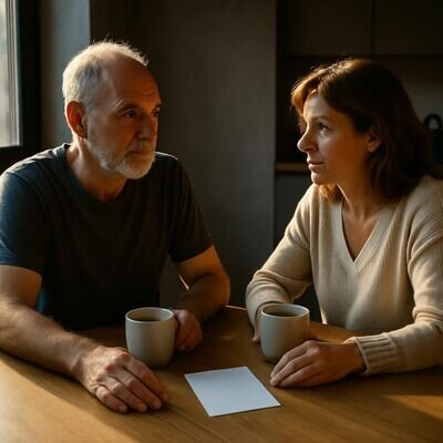 Zwei Menschen sitzen sich gegen&uuml;ber und sprechen ruhig &uuml;ber Grenzen und Bed&uuml;rfnisse.
