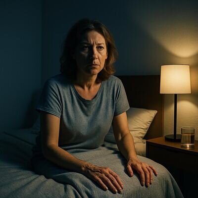 Eine Person sitzt nachts im Bett und orientiert sich bewusst im Raum, um nach einem Albtraum zur Ruhe zu kommen.