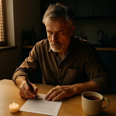 Ein Mann schreibt nachdenklich einen Brief, daneben eine Tasse Tee und eine Kerze, helle und freundliche Stimmung.
