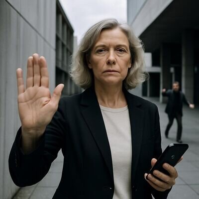 Eine Person wirkt nachdenklich und zieht eine klare Grenze, w&auml;hrend am Rand des Bildes ein aufdringliches Gespr&auml;ch angedeutet wird.