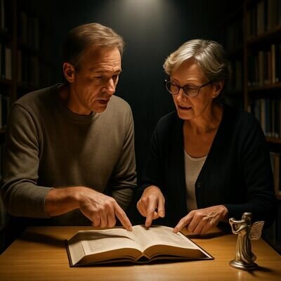 Zwei Personen in einer Bibliothek sprechen konzentriert, ein offenes Buch als Symbol f&uuml;r Wahrheit und Klarheit.