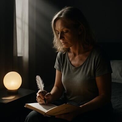 Eine Person sitzt morgens am Bett und notiert einen hellen, beruhigenden Traum mit Engelsymbolik.