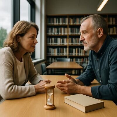 Zwei Erwachsene sitzen sich in einem hellen Raum gegen&uuml;ber, offene K&ouml;rperhaltung und respektvolle Gespr&auml;chsatmosph&auml;re.