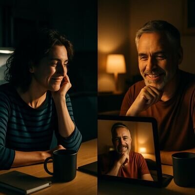 Ein Paar in zwei Wohnungen, beide in warmem Licht, verbunden &uuml;ber einen Videoanruf als fester Beziehungsmoment.