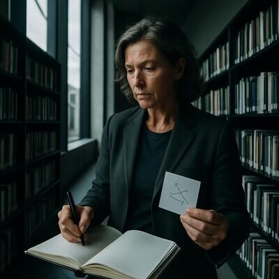 Eine Person h&auml;lt eine Karte mit Sternbild-Skizze und notiert dazu eine Lebenszahl, als Symbol f&uuml;r die Kombination beider Systeme.