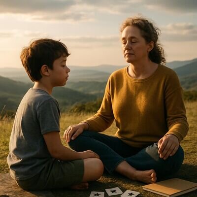 Ein Elternteil begleitet ein Kind in einer ruhigen Pause; im Hintergrund liegen Karten mit Sternsymbolen als dezentes Motiv.