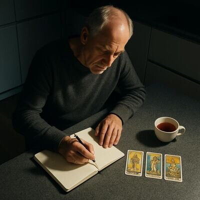 Eine Person schreibt nach einer Legung Gedanken auf, um Deutungen realistisch zu integrieren.