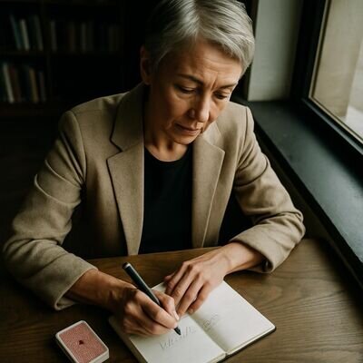 Eine Person mittleren Alters schreibt konzentriert Fragen in ein Notizbuch, daneben liegen Karten als Symbol f&uuml;r Wahrsagen.