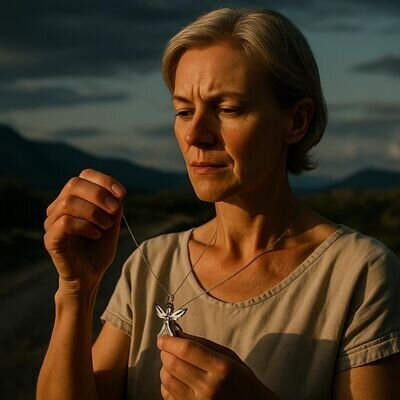 Eine Person betrachtet einen filigranen Engelanhaenger in warmem Morgenlicht; ruhige, helle Stimmung.