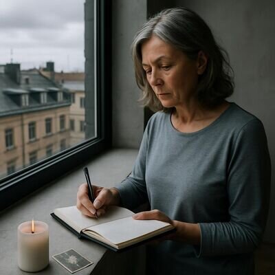 Eine Person schreibt in ein Journal und blickt nachdenklich aus dem Fenster, Symbolgegenstand liegt daneben.