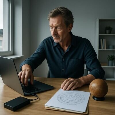 Eine Person sichert Daten und strukturiert Dateien, um Technikstress zu reduzieren.