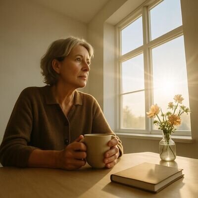 Eine reifere Frau sitzt am hellen Fenster, h&auml;lt eine Tasse und wirkt nachdenklich, aber ruhig &ndash; Symbol f&uuml;r sanfte Verarbeitung von Trauertr&auml;umen.