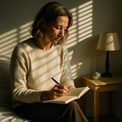 Eine Person notiert direkt nach dem Aufwachen Eindruecke aus einem wiederkehrenden Traum.
