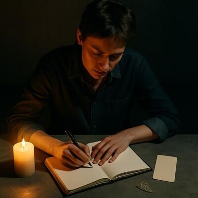 Eine Person schreibt in ein Notizbuch neben einer Kerze, Dankbarkeit und Reflexion als ruhige Abendpraxis, Engel-Symbolik als kleiner Anhaenger.