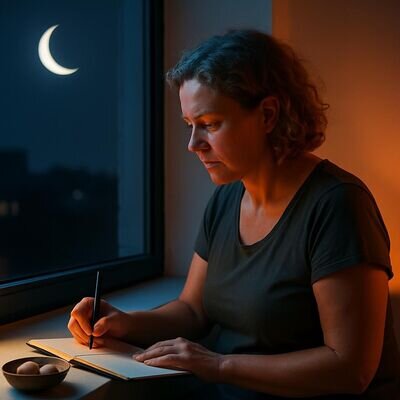 Eine Person schreibt ruhig in ein Notizbuch, Mondlicht als Symbol f&uuml;r Neumond-Intentionen.