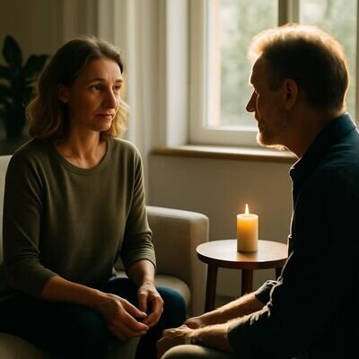 Zwei Personen in ruhigem Gespr&auml;ch ohne Hilfsmittel, Fokus auf Pr&auml;senz und Zuh&ouml;ren.