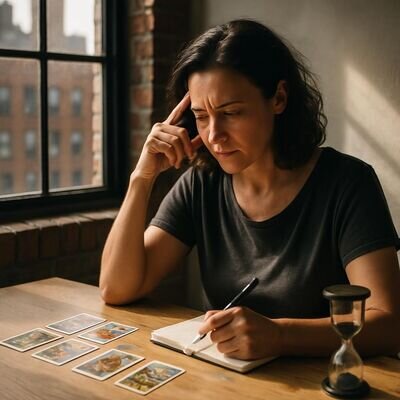 Eine Person notiert ruhig Eindr&uuml;cke aus einem Karten-Reading, um Deutung und Gef&uuml;hl zu trennen.