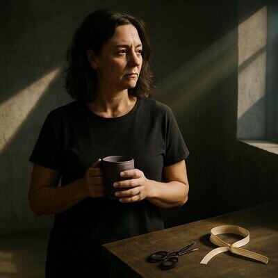 Eine erwachsene Person atmet am hellen Fenster durch, h&auml;lt eine Tasse und wirkt gesammelt und zuversichtlich.