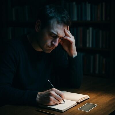 Eine Person schreibt ruhig in ein Notizbuch; Symbol f&uuml;r Integration nach einer sensiblen Beratung.