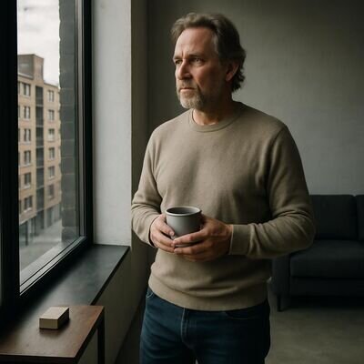 Eine Person blickt am Fenster nach drau&szlig;en, h&auml;lt eine Tasse, wirkt gesammelt und nachdenklich.