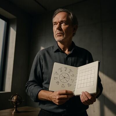 Eine Person reflektiert berufliche Ziele mit Horoskop-Notizen in einer klaren Arbeitsumgebung.