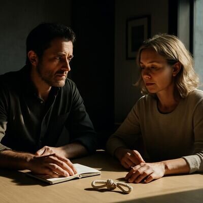 Zwei erwachsene Menschen sitzen einander zugewandt und sprechen ruhig, warme helle Stimmung als Symbol f&uuml;r Klarheit und neue Muster.