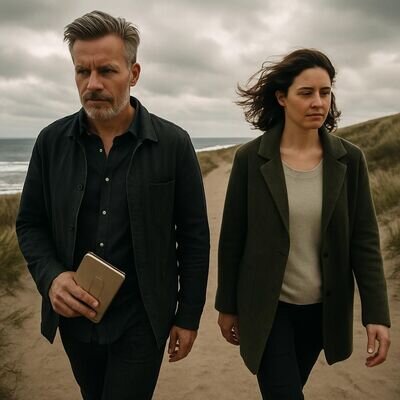 Zwei Personen auf einem hellen K&uuml;stenweg gehen respektvoll mit Abstand, die Stimmung wirkt friedlich und klar.