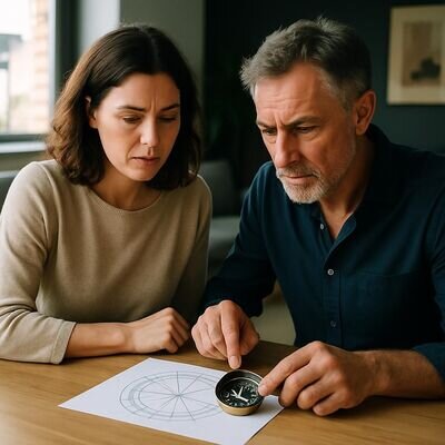 Zwei Menschen schauen gemeinsam auf ein Geburtshoroskop und sprechen ruhig &uuml;ber N&auml;he und Bed&uuml;rfnisse.