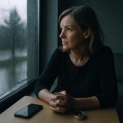 Eine Person sitzt nachdenklich am Fenster, Handy unberuehrt, draussen graues Tageslicht &ndash; Stimmung von Unklarheit und innerer Unruhe.